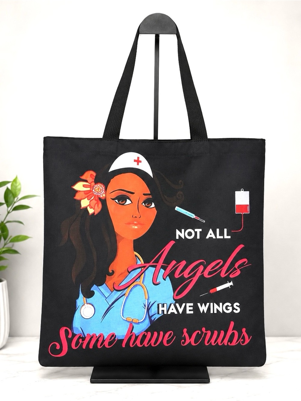 Nurse Tote Bag “Not All Angels Have Wings Some Have Scrubs” Black Reusable